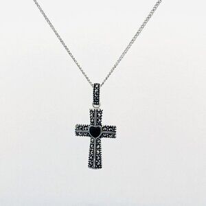 Estate Sterling Silver 925 Cross Pendant Necklace Marcasite Onyx 19” 4.2g